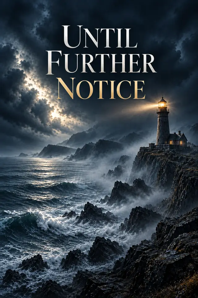 Until Further Notice, preserved Version 2: dark original cover with a stormbound lighthouse